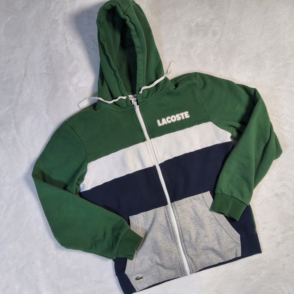 Lacoste Sport Full Zip Hoodie Mens Medium Green Navy Colorblock Crocodile Fleece